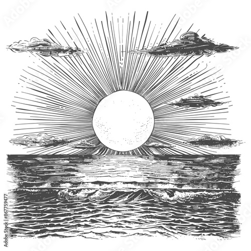 sunrise with engraving style black color only