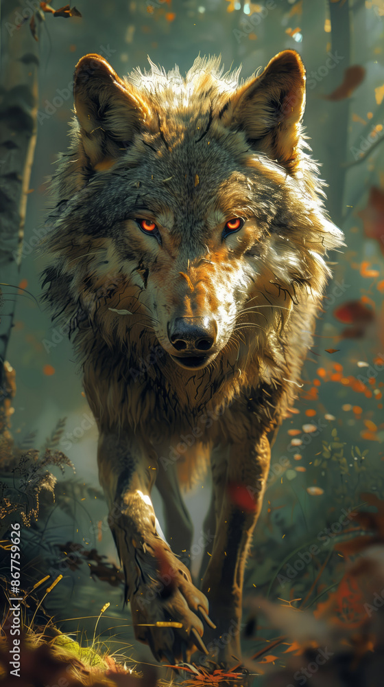 A majestic wolf with piercing red eyes, standing in the forest under sunlight, with detailed fur and an intense gaze A majestic wolf with piercing red eyes, standing in the forest under sunlight, with detailed fur and an intense gaze