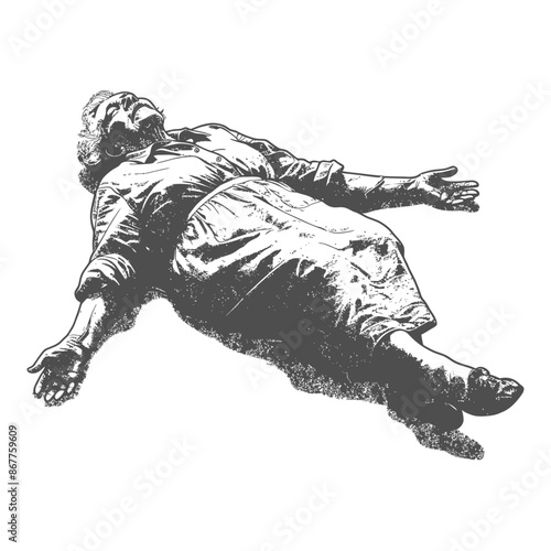 Elderly woman lying on the ground with arms outstretched