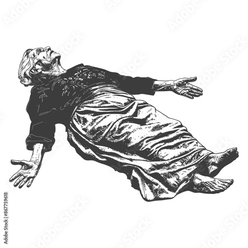 Ornate detailed sketch of a woman in a long dress lying on her back with an expression of ecstasy on her face