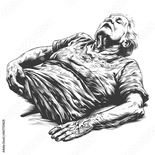 Elderly woman lying on the ground with eyes closed and mouth open