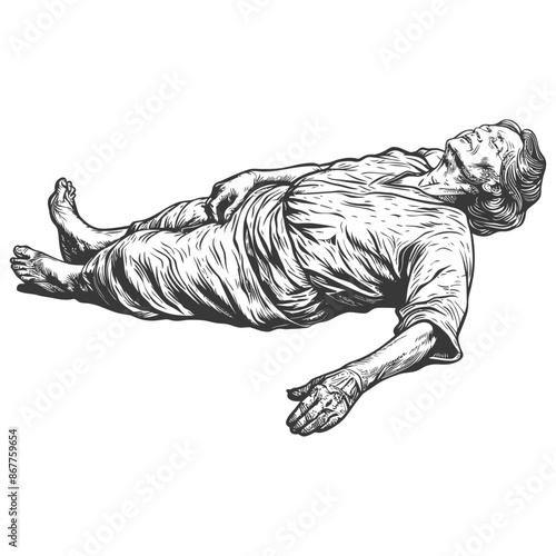 Deceased woman in vintage clothing lying in repose