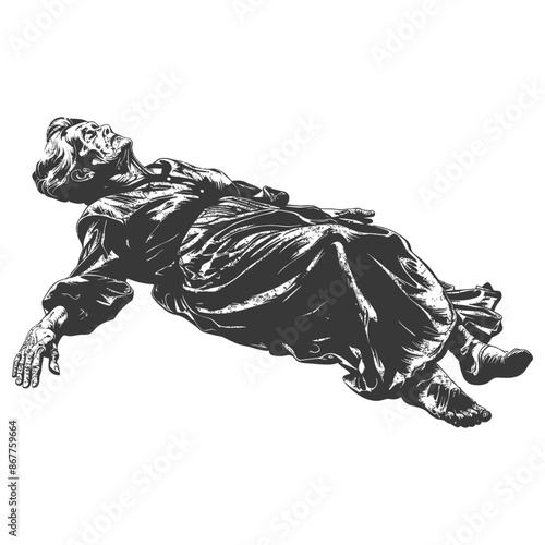 Ornate detailed sketch of a deceased person in flowing robes