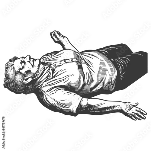Unconscious man in detailed vintage etching style illustration