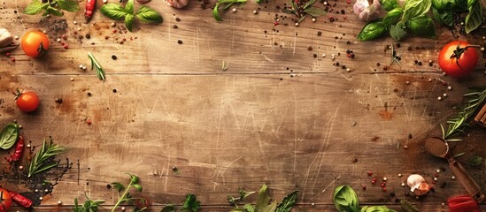 Vintage border made of vegetables and spices with a blank cutting board
