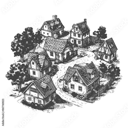 Hand-Drawn Medieval Village: Winding Road, Half-Timbered Houses, Trees, and Chimneys.