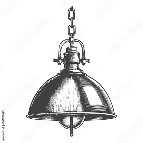 Etched Industrial Pendant Lamp: Hanging Chain, Vintage Metal Fixture, Isolated.
