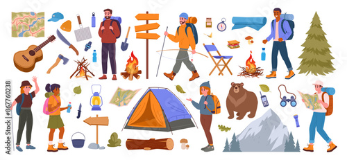 Camping equipment and characters. Hiking, backpacking people and tourists tools, bonfire, tent, guitar and axe flat vector illustration set. Outdoor camping supplies
