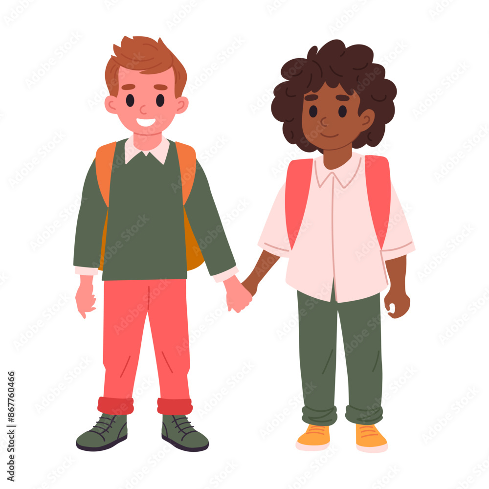 Happy school kids. Primary school students going to school holding hands, elementary school students with backpacks flat vector illustration. Kids on white Happy school kids. Primary school students going to school holding hands, elementary school students with backpacks flat vector illustration. Kids on white