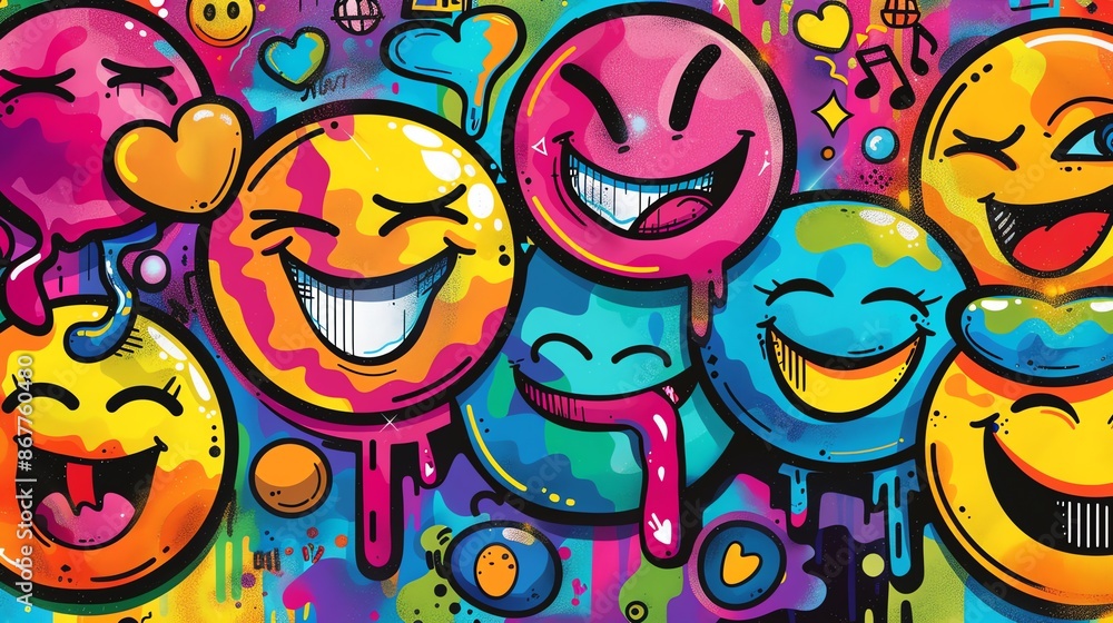 A vibrant graffiti wall adorned with playful emojis. A vibrant graffiti wall adorned with playful emojis.