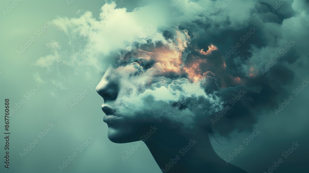 Conceptual image of a female head surrounded by clouds in the sky. Double exposure. Conceptual image of a female head surrounded by clouds in the sky. Double exposure.