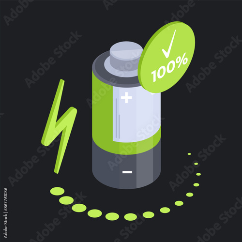 Isometric charged battery. Battery charging stage with green indicator flat vector illustration. Accumulator charging level