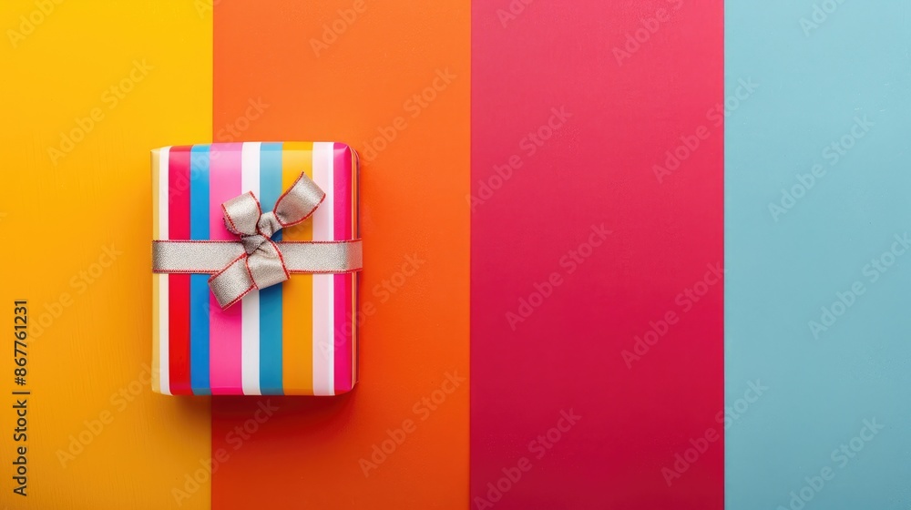 Striped gift box on colorful background from above with room for text Striped gift box on colorful background from above with room for text