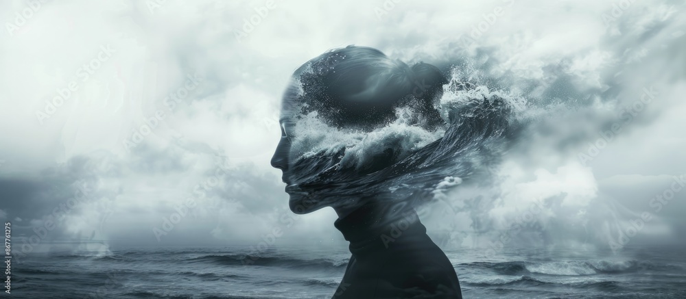 Surreal image of a woman in the stormy ocean. 3d rendering. Double exposure. Surreal image of a woman in the stormy ocean. 3d rendering. Double exposure.