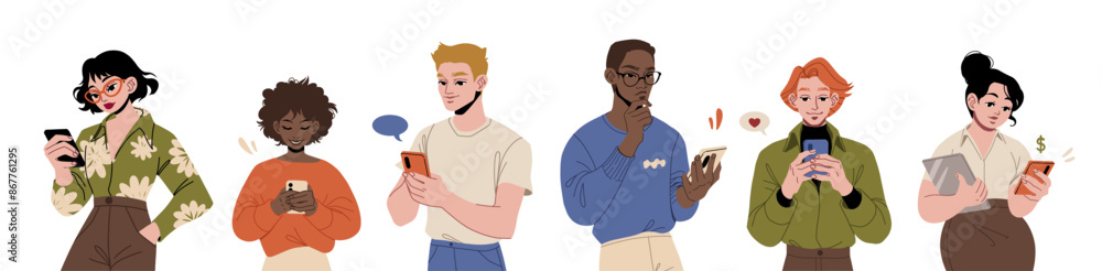 Male and female characters holding, using mobile smartphones set. People surfing internet, chatting and texting. Flat graphic vector illustrations isolated on white background Male and female characters holding, using mobile smartphones set. People surfing internet, chatting and texting. Flat graphic vector illustrations isolated on white background