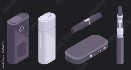 Isometric electronic cigarettes. Vape smoke accessories, digital vape pen and e-cigarette 3d vector illustration set. Vape cigarettes