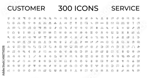 Customer service icon set. Containing customer satisfied, assistance, experience, feedback, operator and technical support icons. Thin outline icons pack.