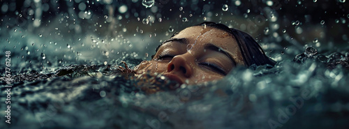 Portrait of a young woman relaxing in the water under the rain.