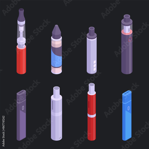 Isometric electronic cigarettes. Vape smoke accessories, digital vape pen and e-cigarette 3d vector illustration set. Vape shop products for simulating tobacco smoking