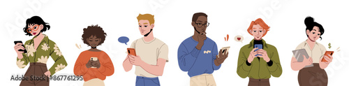 Obraz na plátně Male and female characters holding, using mobile smartphones set