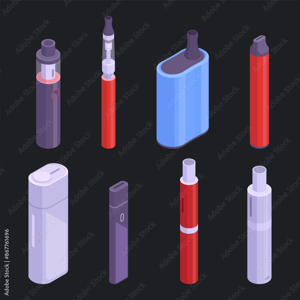 Vape smoke accessories. Isometric electronic cigarettes, digital vape pen and e-cigarette 3d vector illustration set. Vape cigarettes collection Vape smoke accessories. Isometric electronic cigarettes, digital vape pen and e-cigarette 3d vector illustration set. Vape cigarettes collection