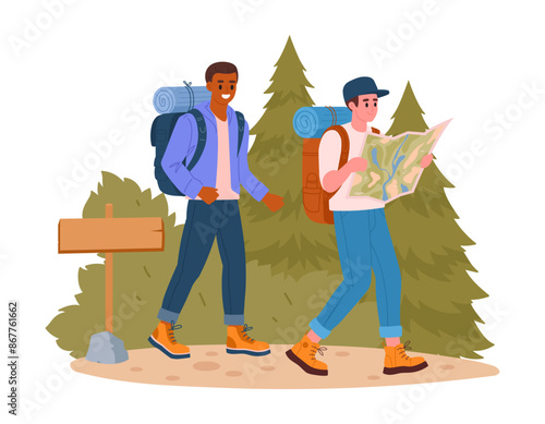 Men on hike. Hiking active tourists, male characters outdoor adventure, trekking and backpacking flat vector illustration. Guys hiking on trail