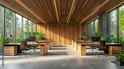 Modern office space with natural wood and large windows. Concept of sustainable design, biophilic interior, and eco-friendly workplace.
