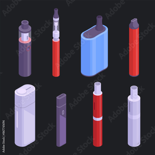 Vape smoke accessories. Isometric electronic cigarettes, digital vape pen and e-cigarette 3d vector illustration set. Vape cigarettes collection
