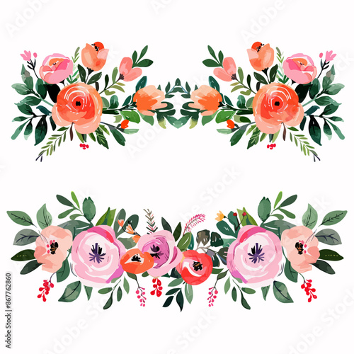 Pink and peach watercolor floral flower arrangements