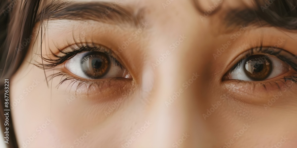 Fototapeta premium Closeup of beautiful Asian womans brown eyes with lifted eyelashes and brows. Concept Close-up Portraits, Asian Beauty, Eye Makeup, Lash Lift, Brow Perfection