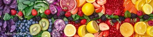 A vibrant display of assorted sliced fruits and vegetables