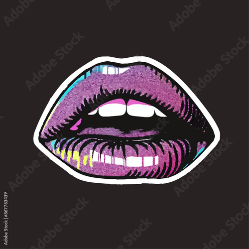 Colored halftone mouth photocopy effect, for grunge punk y2k collage design. Elements in stipple halftone brutalist retro design. Vector for vintage music poster or banner, T-shirt, print template.