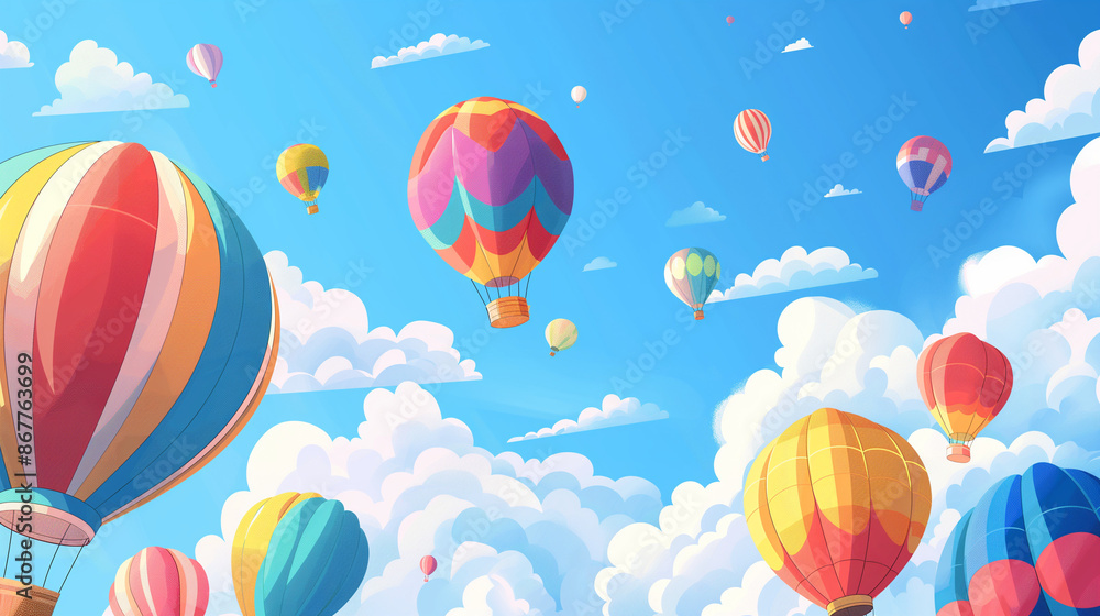 Blue sky with balloons in cartoon style with an atmosphere of celebration and adventure, colorful balloons floating in the sky Blue sky with balloons in cartoon style with an atmosphere of celebration and adventure, colorful balloons floating in the sky