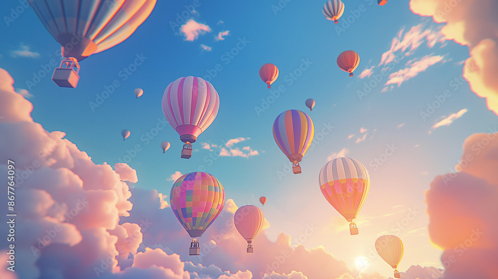 Fototapeta premium Blue sky with balloons in cartoon style with an atmosphere of celebration and adventure, colorful balloons floating in the sky