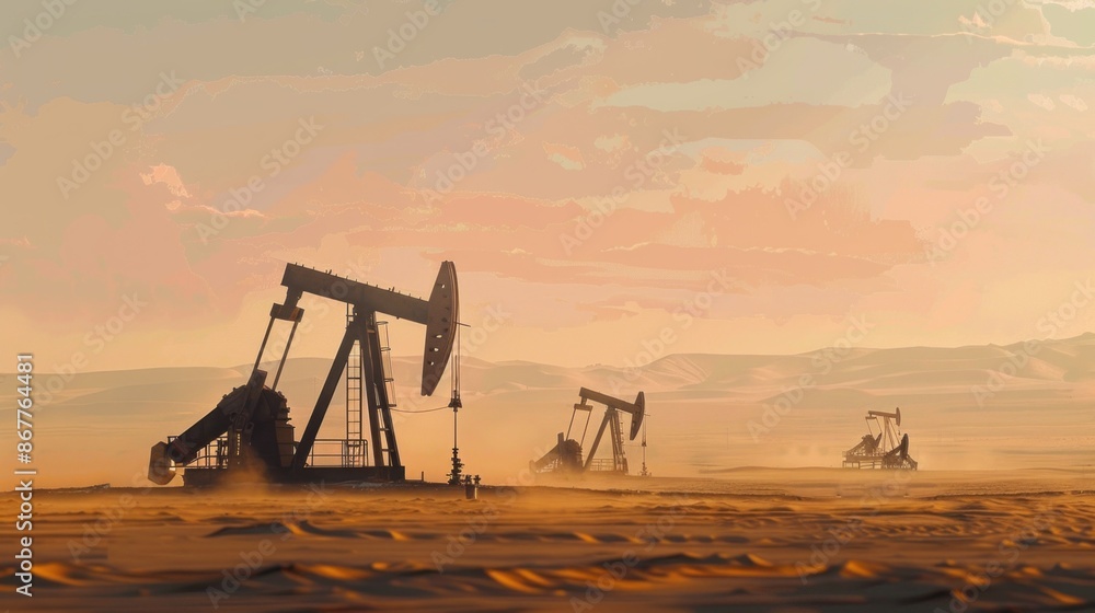 A stunning, minimalist silhouette of oil rigs pumping against a backdrop of a golden desert sunset A stunning, minimalist silhouette of oil rigs pumping against a backdrop of a golden desert sunset