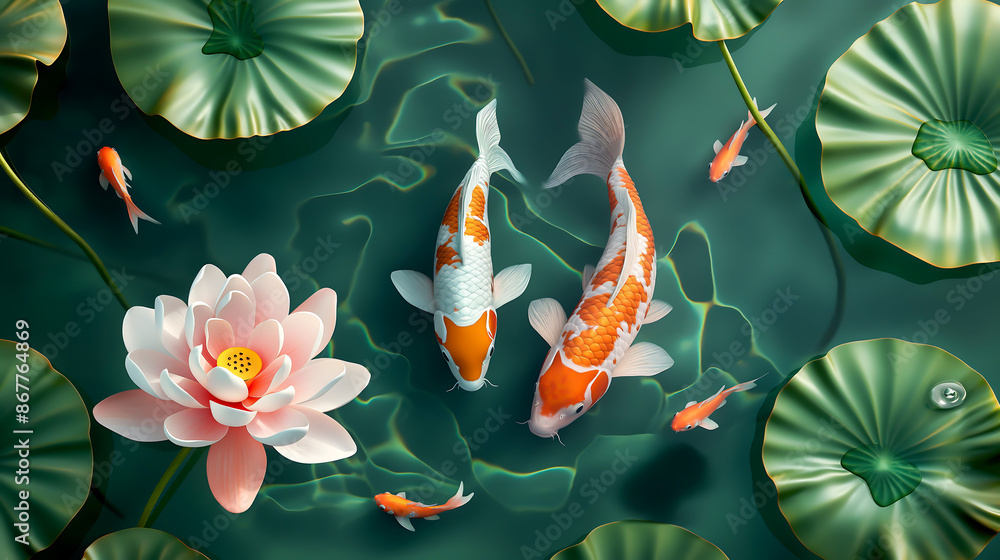 Top view of two koi carp asian fishes, colorful goldfishes and pink lotus lily flowers and green leaves on pond Top view of two koi carp asian fishes, colorful goldfishes and pink lotus lily flowers and green leaves on pond