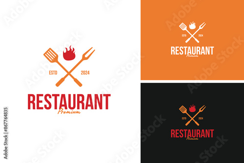 Fork and spatula logo design with flame vector illustration template idea