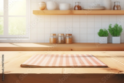 Wood table top on blurred kitchen background