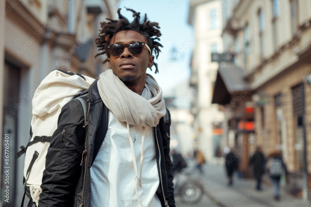 A young man with dreadlocks and a large backpack walks down a city street A young man with dreadlocks and a large backpack walks down a city street