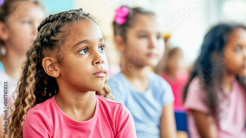 A black girl with curly hair wearing a pink shirt listens attentively in a classroom surrounded by other children. Concentration, attentiveness, education, learning, back to school concept.t.