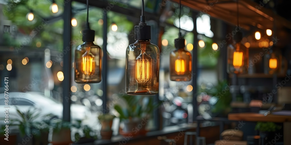 Glass bottle lamps with Edison bulbs in a cafe window display. Concept Cafe Decor, Glass Bottle Lamps, Edison Bulbs, Window Display, Upcycled Lighting Glass bottle lamps with Edison bulbs in a cafe window display. Concept Cafe Decor, Glass Bottle Lamps, Edison Bulbs, Window Display, Upcycled Lighting