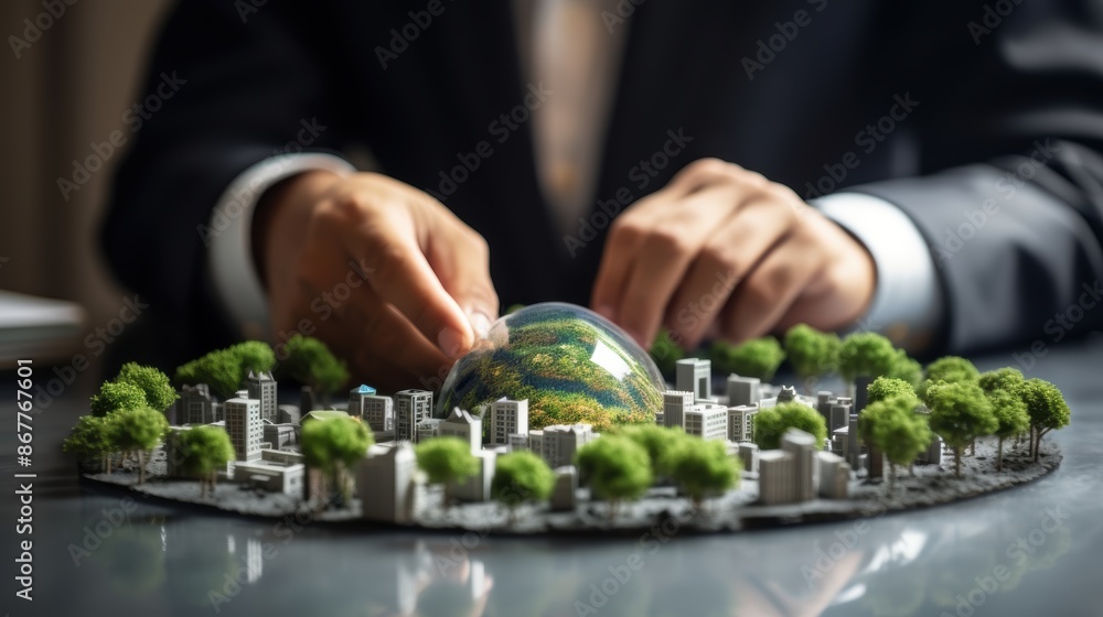 Businessman placing a glass dome over a miniature city with green trees, symbolizing sustainable urban development and eco-friendly initiatives. Businessman placing a glass dome over a miniature city with green trees, symbolizing sustainable urban development and eco-friendly initiatives.
