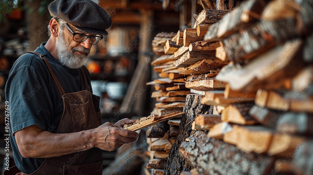 Experienced Carpenter at Work: Man Stacking Firewood in Workshop Experienced Carpenter at Work: Man Stacking Firewood in Workshop