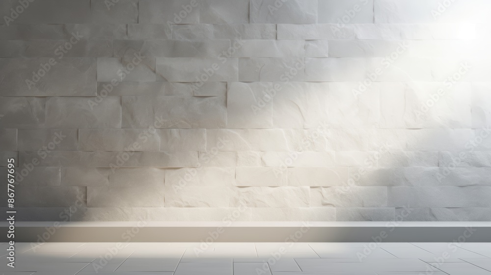 Fototapeta premium Sunlight streaming through a window casting shadows on a textured gray stone wall, creating a serene and minimalist atmosphere.