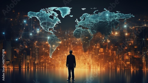 A person stands before a digital world map with glowing global connections  symbolizing networking  international business  and technology.