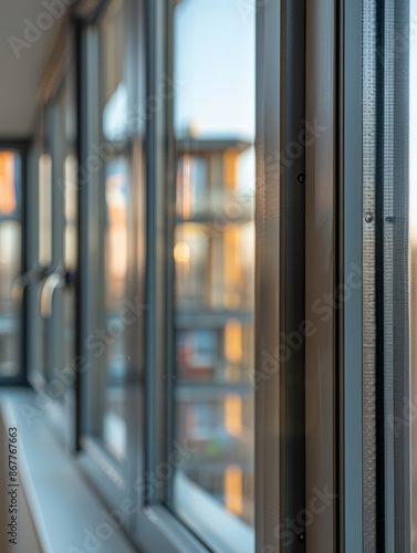 Modern windows reflecting sunlight in an urban apartment hallway.