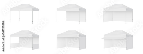 Rectangular Pop Up Canopy Commercial Tents Mockups, Isolated On White Background. Vector Illustration