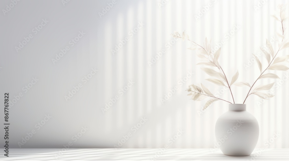 Minimalist white vase with dried leaves on a white background, casting soft shadows. Perfect for modern decor and design concepts.