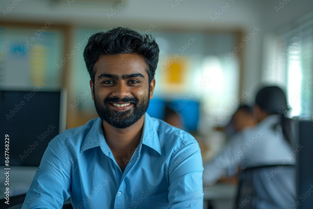 Obraz premium A young man with a beard smiles at the camera while working in an office