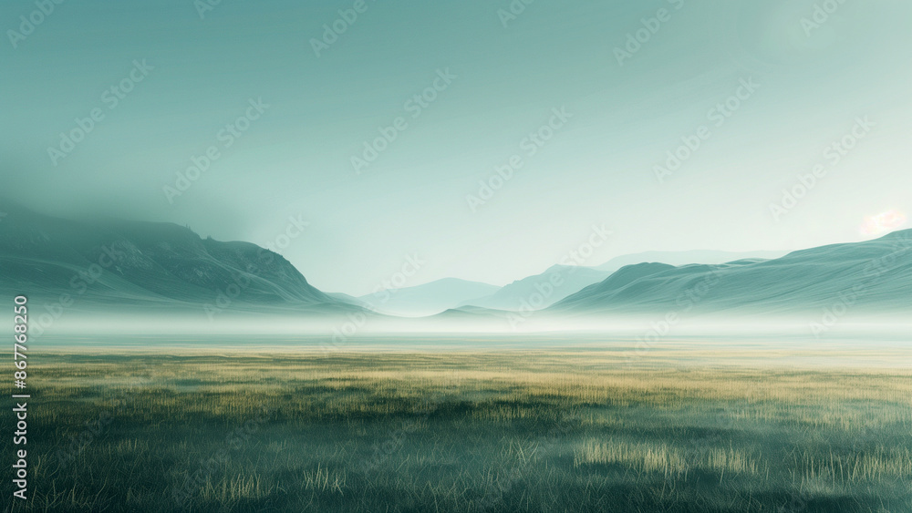 Obraz premium Grass fields and misty mountains